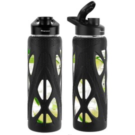 poweco 24oz Glass Water Bottle with Silicone Sleeve and Spout Lid - High Borosilicate Glass, Wide Mouth, Leakproof with Handle, BPA-Free, Perfect for Hydration on the Go (Deep Black)