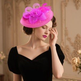 DRESHOW Mesh Women's Flower with Pearl Feather Fascinators Hat on a Headband and a Forked Clip Cocktail Tea Party Headpiece for Girls & Women Noble Kentucky Hat, 19-deep pink, Unit size