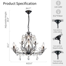 WUZUPS 9-Light Crystal Candle Chandelier Pendant Flushmount Ceiling Light Modern Lighting Fixture for Bedroom Hallway Bar Kitchen Bathroom, H 18.1" x W 25.6", Black, E12 Base