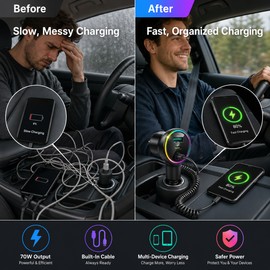 70W USB-C Car Charger for Fast Charging – PD 35W Adapter with Spring Type-C Cable for Phones & Tablets