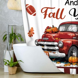 DYNH Fall Football Sport Shower Curtain, Fall Autumn Maple Leaves Pumpkin Farmhouse Harvest Football Thanksgiving Brown Shower Curtain for Bathroom Autumn Bath Curtains with Hooks,72x72IN