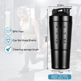ACWOO ACWOO Edelstahl Protein Shaker, 700 ml Shaker Edelstahl, Shaker Bottle zus?tzlicher Included 200ml Lagerung, BPA Free/Leak Proof, Eiwei? Shaker f??r Di?t und Fitness Shakes, mit Shaker Balls(Schwarz)