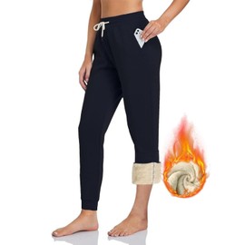 Inno Women's 28" 31" 34" 36" Sherpa Polar Fleece Lined Jogger Pants Warm Sweatpants Thermal Athletic Lounge Petite Tall, Black, L, Petite-28 Inseam