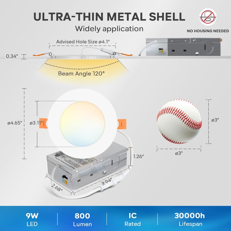 LVWIT 12 Pack Ultra-Thin Recessed Lighting 4 Inch with Junction