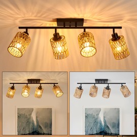 AIBISOD 4 Light E26 Track Lighting Fixtures Ceiling Rattan Farmhouse Boho Ceiling Track Lighting, Directional Rotatable Modern Track Ceiling Light Fixtures for Kitchen Bedroom Hallway Porch Foyer