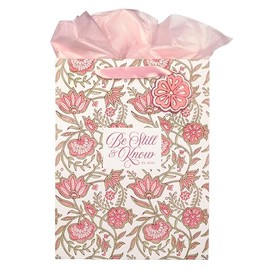 Christian Art Gifts Large Portrait Inspirational Scripture Gift Bag, Tag & Wrapping Tissue Paper Set for Women: Be Still Bible Verse Cute Pink Glossy Floral Design, Satin Ribbon Handles