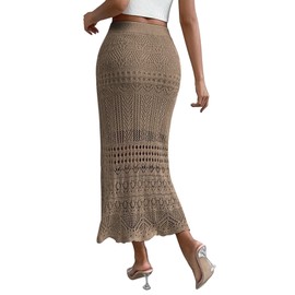 GORGLITTER Maxirock Damen Lang Hohe Taille Häkelrock Elegant Gestrickt Boho Rock Langer Causalrock mit Hohl Elastische Strickröcke Strand Outfit Khaki XL