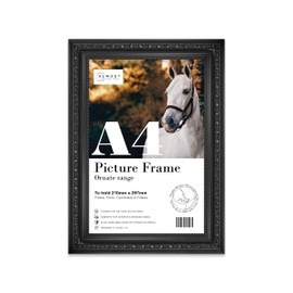 Almost Frameless A4 Black Ornate Picture Frame Fits A4 (21 x 29.7cm - 8.3 x 11.7in) Poster, Photo, Artwork, or Print. Elegant Style Portrait and Landscape Display with Wall Hooks