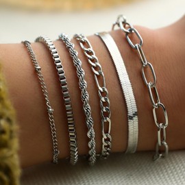 Thoquene Women's Stainless Steel Bracelet, Adjustable Silver Bracelet, Jewellery Bracelet for Girls, Pack of 6, Stainless Steel