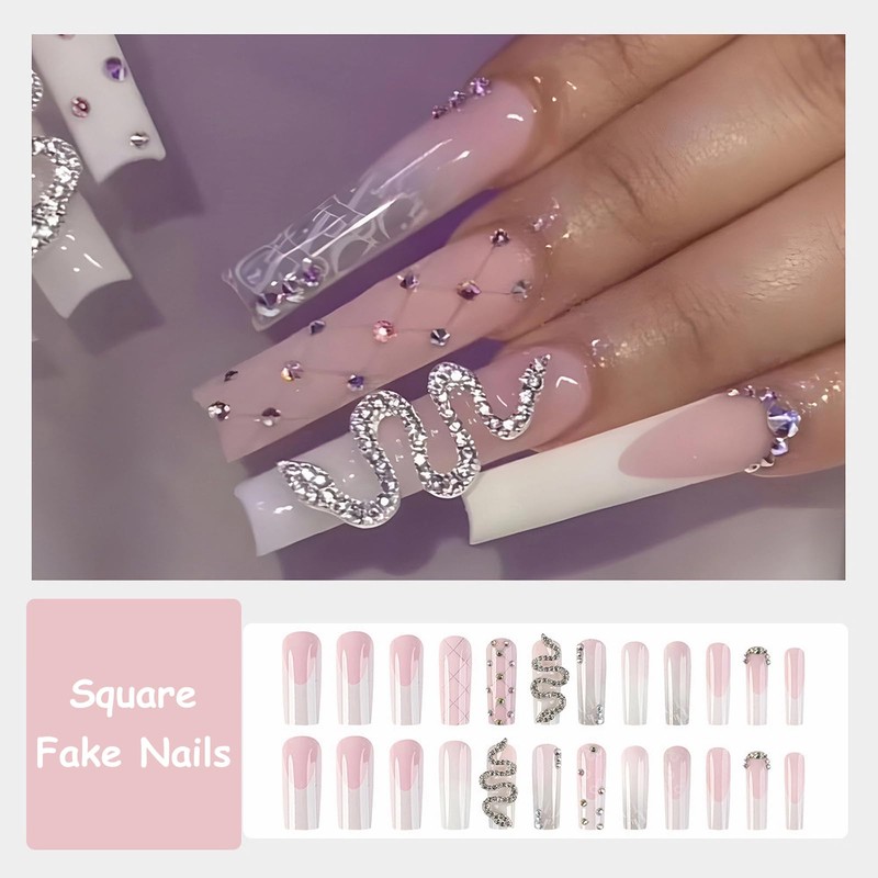 MISUD Press on Nails Long Square Fake Nails Glossy Glue