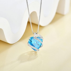 FYNSBLE Heart Necklace for Women,Sterling Silver Aquamarine March Birthstone Necklace Infinity Gemstone Pendant Hypoallergenic Jewelry for Women Her