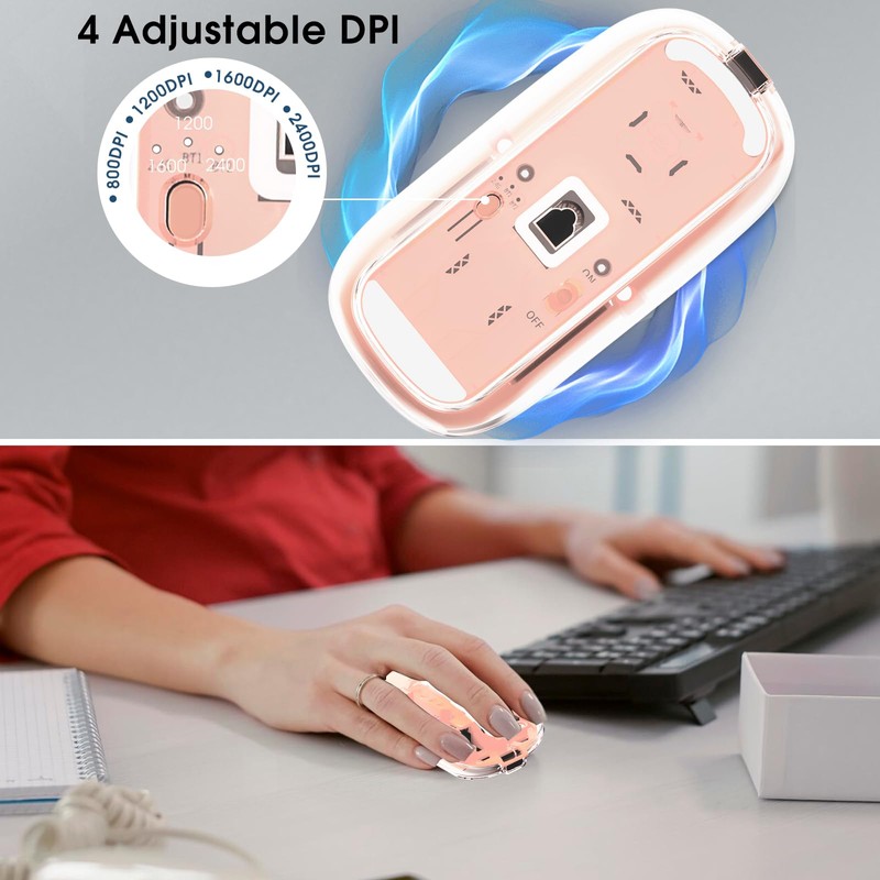 mouse inalámbrico transparente para computadora, mouse Bluetooth recargable, visualización de