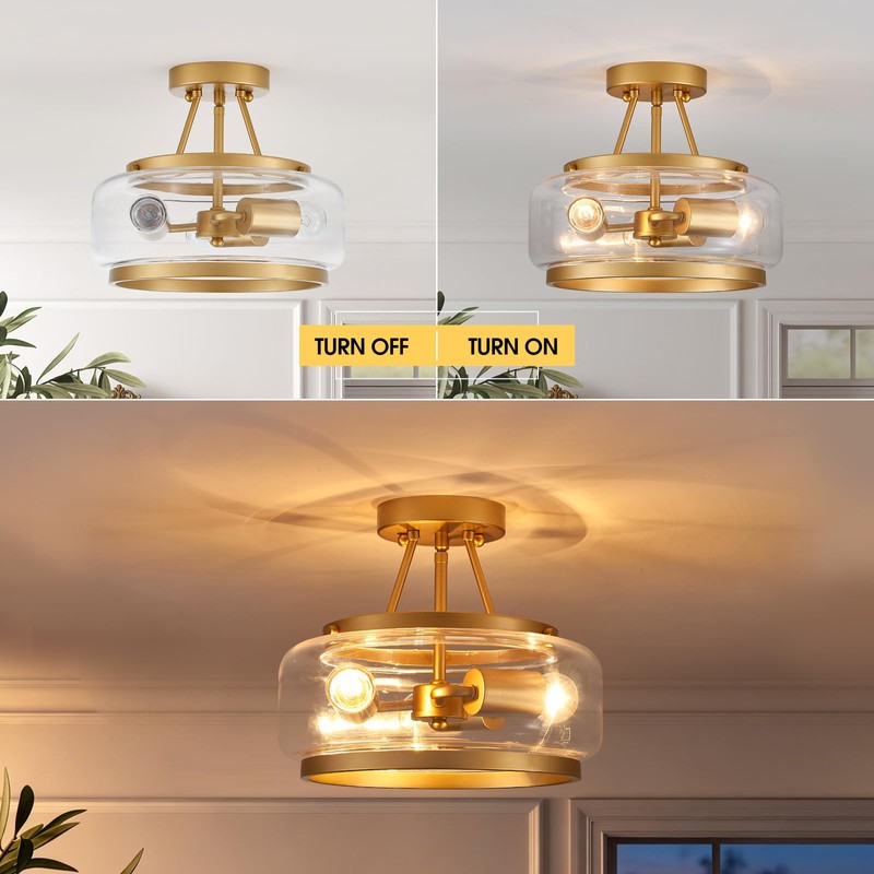 MERCASA Modern Gold Semi Flush Mount Ceiling Light,3-Lights Gold Glass