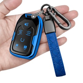 Sindeda for Chevy Key Fob Protective Cover TPU and Leather Keychain Car Key Protective Case for GMC Silverado Suburban Tahoe Acadia Terrain Yukon Sierra 1500 2500 3500 HD (Blue, 6 Buttons)