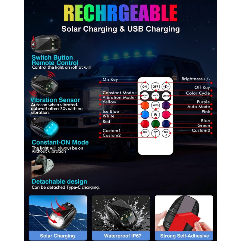 Keiurot Solar Cab Lights for Trucks Roof Lights, RGB 8