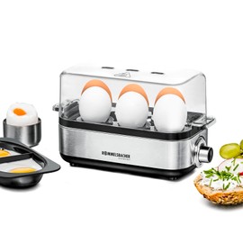 ROMMELSBACHER ER 600 Egg Cooker - for 1-6 Eggs, Adjustable Hardness, Electronic Cooking Time Monitoring, Stainless Steel Heating Bowl, Measuring Cup with Egg Pick, Poaching Insert, Cable Storage, 400