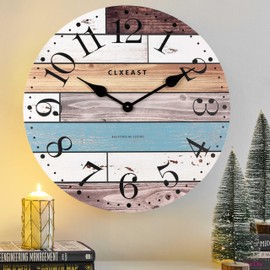 CLXEAST 24 Inch Multicolor Woodgrain Shiplap Wall Clocks for Living Room Decor, Large Farmhouse Wall Clock,Coastal Beach Nautical Style,House Warming Gifts New Home