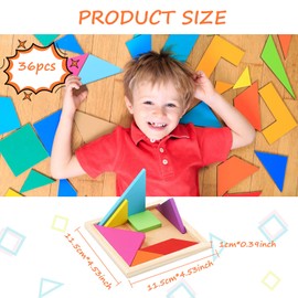 Shappy 36 Pieces Wooden Tangram Puzzles for Kids Educational Shape Puzzle Toys Geometric Pattern Brain Logic Puzzle Blocks for Students Educational Activities Back to School Gifts(Classic Style)