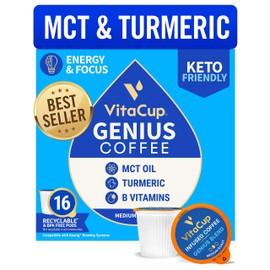 VitaCup Genius Keto Coffee Pods, Increase Energy & Focus with MCT Oil, Turmeric, B Vitamins, D3, Medium Dark Roast, Bold, Smooth, Recyclable Single Serve Pod Compatible with Keurig K-Cup Brewers,16 Ct