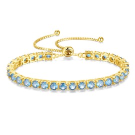 FANCIME March Birthstone Jewelry Aquamarine Bracelet Gold Tennis Bracelet Bolo Adjustable Chain Fine Jewelry Anniversary Birthday Gifts for Women Mom Wife Her, 4mm Width