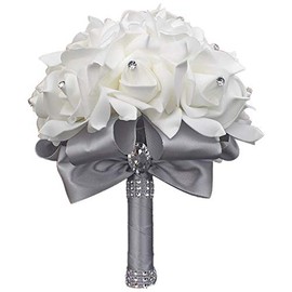 MOJUN Wedding Bouquets Crystal PE Roses Bridal Bridesmaid Wedding Hand Holding Bouquet Artificial Fake Flowers Toss Bouquet, Silver