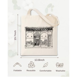Vintage London Bookstore Canvas Tote Bag for Women, Reusable Grocery Bags, Cotton Cloth Totes for Work Beach Travel, Present Handbag for Book Lover Women, Teacher Gift