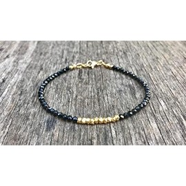 LKBEADS Unisex black spinel & gold pyrite 3mm round faceted beads 7 inch stacking bracelet with 925 sterling silver - gold plated clasp