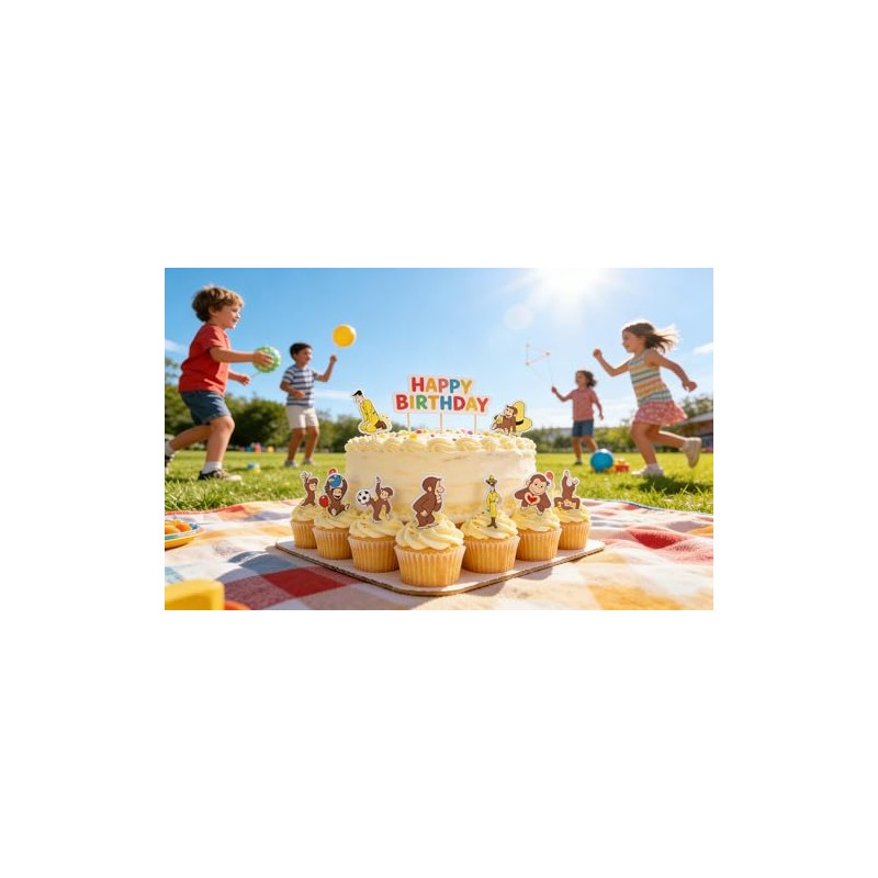 24PCS Curious Monkey Cupcake Toppers, Cartoon Party Decorations, Theme Celebrations