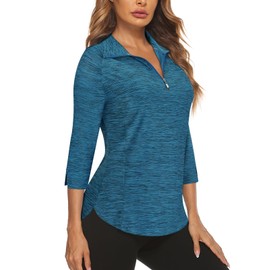 Cucuchy Style Women's Golf Shirts 3/4 Sleeve,Quarter Zip Pullover Ladies Workout Shirts Moisture Wicking Performance Cool Quick Dry Sweat-Wicking Sport Running Tops Blue M