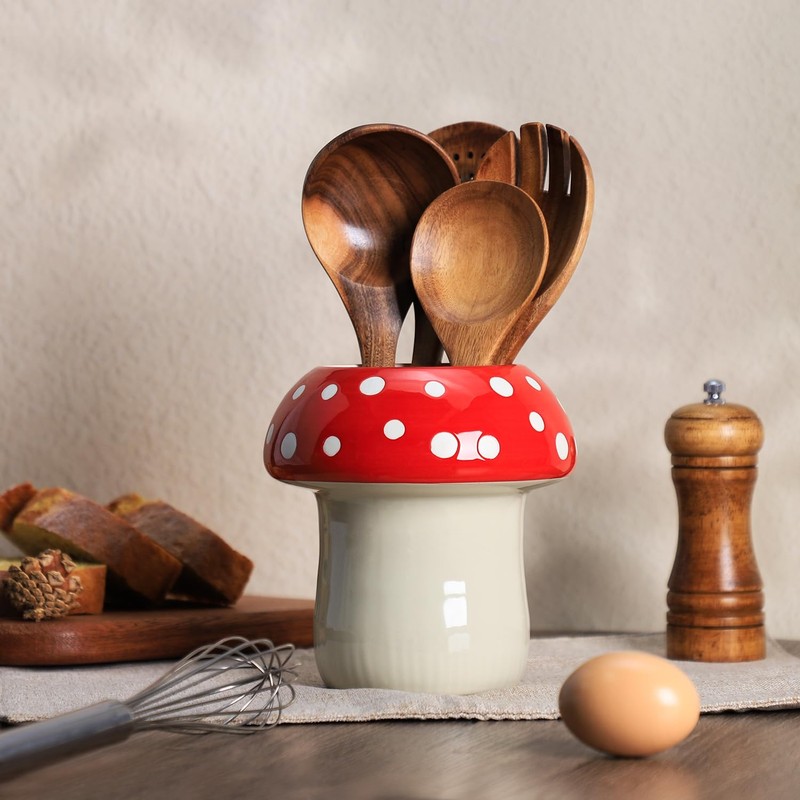 Bicuzat Mushroom Shaped Ceramic Kitchen Utensil Holder, Large Cooking Utensil