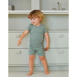 moimoln Ribbed Stripe Pjs Viscose Snug-Fit Baby Toddler Boys Girls Sleepwear (2 Pack-Short Green+Navy 3T)