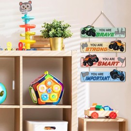TOARTi Inspirational Racing Car Wooden Hanging Sign,Monster Truck Decor,Motivational Wall Decor,Trucks Door Plaque,Vehicles Wall Sign for Bedroom Livingroom Boy's Room Nursery Toddler Playroom