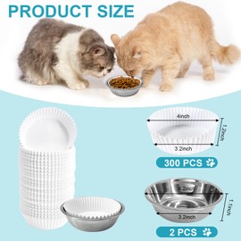Disposable Cat Food Bowls Set, Pets Feeding Bowls Includes 300PCS Cats Food Small Paper Bowl & 2PCS Stainless Steel Bowl, Cat Plates Feedings Dish Liner Bulk for Wet Foods Cats Dogs Feeding Station