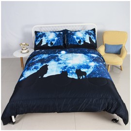 Dark Blue and Black Wolf Bedding for Boys Kids Teens 3pcs Animal Down Alternative Comforter Set Twin Galaxy Full Moon Pillowcases (066Comforter, Twin)