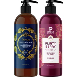 Maple Holistics Luxurious Vanilla & Flirty Berry Massage Oil Set - Aromatherapy Full Body Massage Oil for Couples Bundle with Naturally Scented Vegan & Non GMO Ingredients (8 Fl Oz Each)