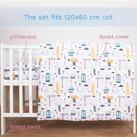 Baby Comfort 3 piece set Duvet Cover Pillowcase and Fitted Sheet for 95x65 cm Travel Cot (Ladders Yellow)