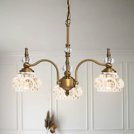 Montex Vintage Pendant Light Fixture 3 Lights Gold Brass Vintage Chandelier Crystal Glass Shade Brass Pendant, 4 Light Bulbs are Included