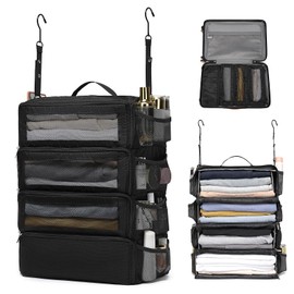 Travel Essentials Hanging Suitcase Organizer, Carry-on Collapsible Packing Cubes for Travel, Stow-N-Go Portable Hanging Closet Organizer Shelves Luggage Bag, Medium, Black