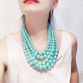 Faux Large Pearl Necklace for Women Five Multi Strand Pearl Necklace Bracelet Earrings set Big Pearl Bib Necklace 1920s Costume Jewelry Set, Adjustable, Faux Pearl, Created Pearl