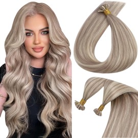 Sunny Hair U Tip Hair Extensions Human Hair Invisible Keratin Hair Extensions Straight Hair Extensions for Women 50G Warm Ash Blonde Highlight Bleach Blonde 20inch