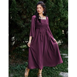 Women Goth Witch Dress Pirate Cosplay Bell Sleeve Smocked Back Long Dress Purple M