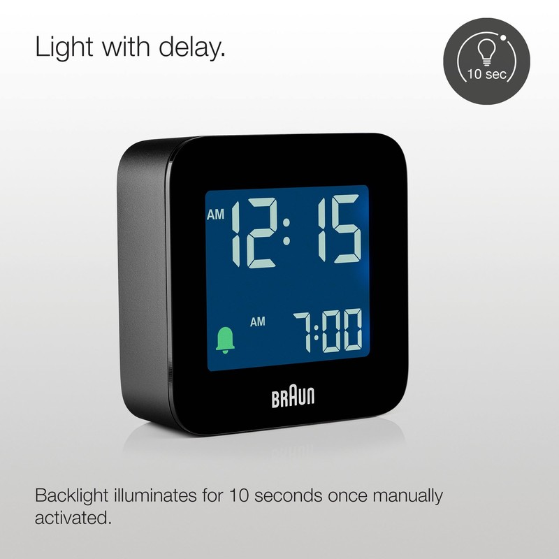 Braun Digital Travel Alarm Clock with Snooze, Compact Size, Negative