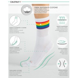 CALZITALY 2 Pairs Unisex Cotton Socks Rainbow Pattern, Grey, White, Black, 4.5-7, 7.5-10, 10-13.5, Made in Italy (4.5-7, White)