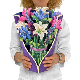 UKKQES Paper Pop Up Cards, 12 inch Life Sized Forever Flower Bouquet 3D Popup Greeting Cards with Note Card and Envelope (Lily)