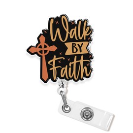 Walk by Faith Badge Holder Retractable 1.6 Inches Jesus Bible Verse Religious Catholic Trust in God Alligator Clip/Belt Clip, Acrylic Material, Badge Reel Lanyard ID Cards Holder Gifts for Mom Friend