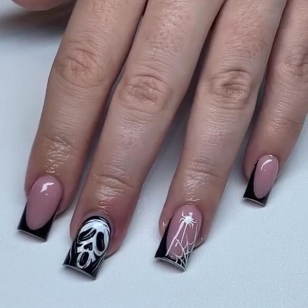 24Pcs Halloween Press on Nails Medium Black French tip Fake