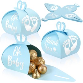 Humyoun 30 Pcs Baby Shower Thank You Gift Box Footprint Small Candy Treat Boxes Heart Favor Bags with White Gold Foil Printed for Guest Baby Shower Gifts Neutral Gender Reveal Favors(Blue)