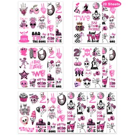 192 Pieces Bad Two The Bone Black and Pink Temporary Tattoos Stickers,20 Sheets 2nd Birthday Skeleton Themed Tattoos Stickers Party Decoration Supplies Party favors