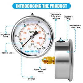 Hansfelds 0-600psi Liquid Filled Pressure Gauge 2.5''Dial Face 1/4" NPT Back Mount Stainless Steel case for Water Oil Gas Media accuracy1.6 with 1/4" x 1/2" NPT and 1/4" x 3/8" NPT Hex Reducer