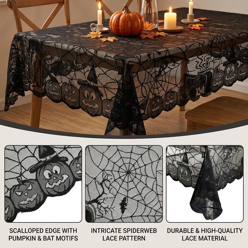 1Pack Halloween Table Cloth, Black Lace Design with Pumpkin Bat
